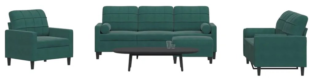 4 pcs conjunto sofás com almofadões e rolos veludo verde-escuro