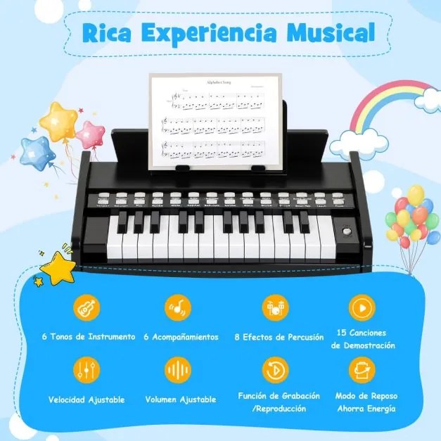 Teclado de piano para crianças 38 x 23 x 27 cm com 25 teclas digital em madeira com velocidade e volume ajustáveis Modo de ensino Preto