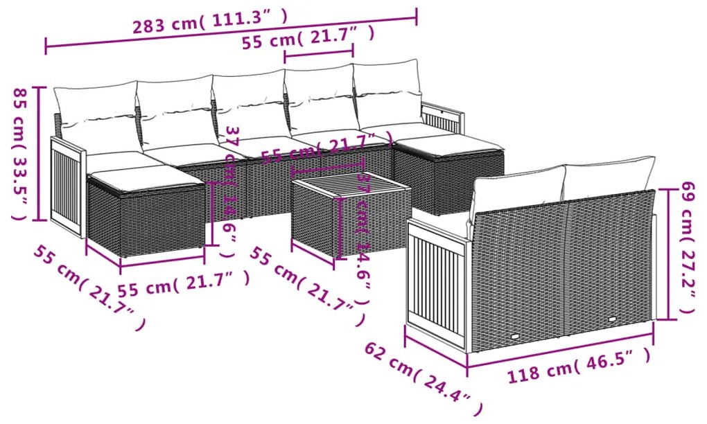 10 pcs conjunto de sofás p/ jardim com almofadões vime PE bege