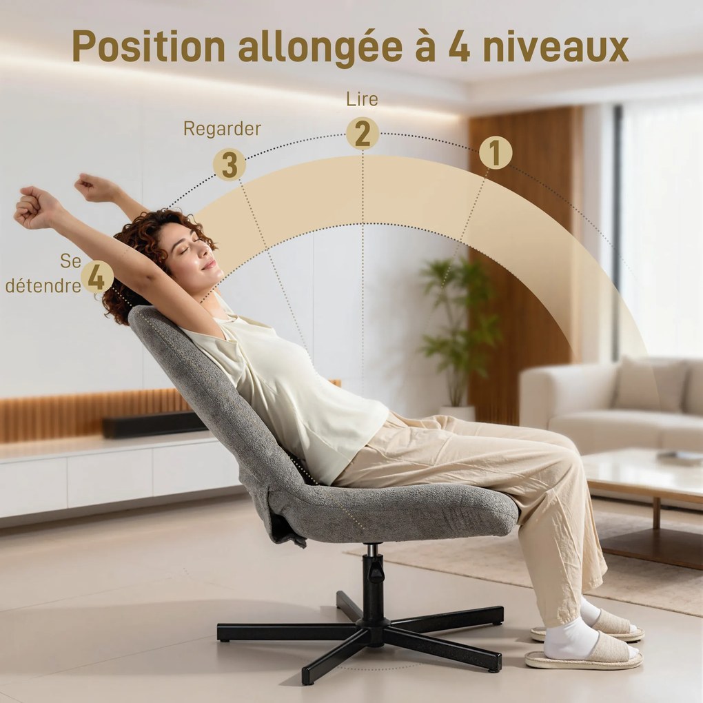 Poltrona de sala com apoio para os pés, cadeira giratória, altura ajustável, encosto reclinável, 66 x 80 x 93-104 cm, cinzenta