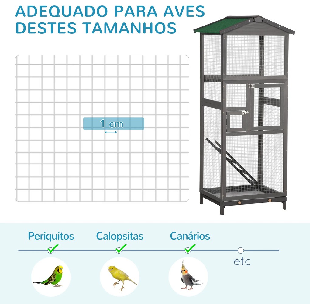 Gaiola para Pássaros Grande 68x63x165 cm Gaiola de Madeira de Abeto com 2 Portas Bandeja Amovível e Teto Asfáltico Cinza