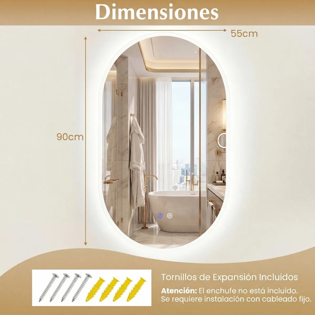 Espelho 90x55 cm ovalado iluminado de parede para casa de banho sem moldura LED vidro temperado HD antiembaciamento 3 modos cor ajustável Prata
