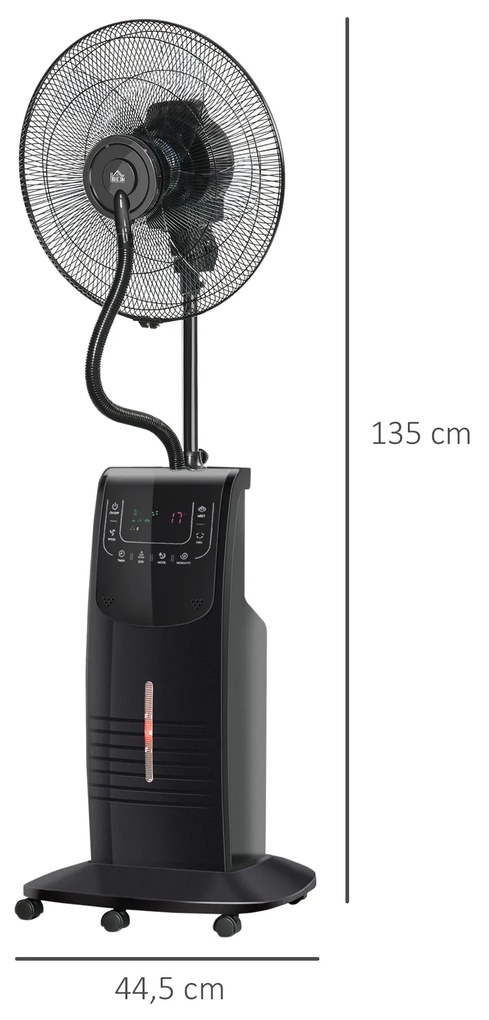 HOMCOM Ventoinha Nebulizadora 90W com Oscilação Controlo Remoto 5 Lâminas Depósito de Água 3,1L 3 Velocidades Temporizador e Rodas 44,5x44,5x135 cm Preto
