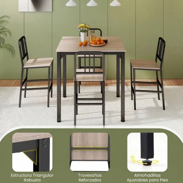 Conjunto de mesa de jantar alta e 4 bancos para 4 pessoas com estrutura metálica, mesa quadrada de estilo rústico Natural e Preto