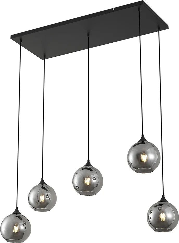 Candeeiro suspenso Art Deco preto com vidro fumado 5 luzes - Wallace