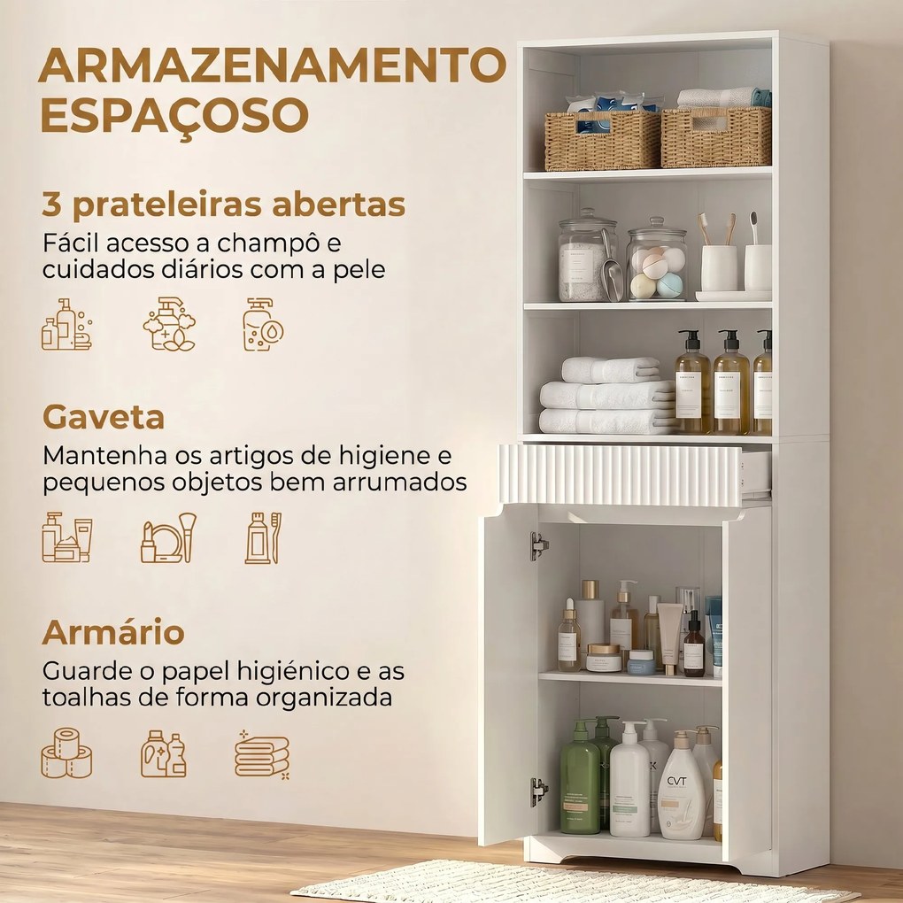 Armário Alto de Casa de Banho 60x30x171 cm, Armário Estreito com 3 Prateleiras Abertas, Gaveta Canelada, Prateleira Ajustável, Branco