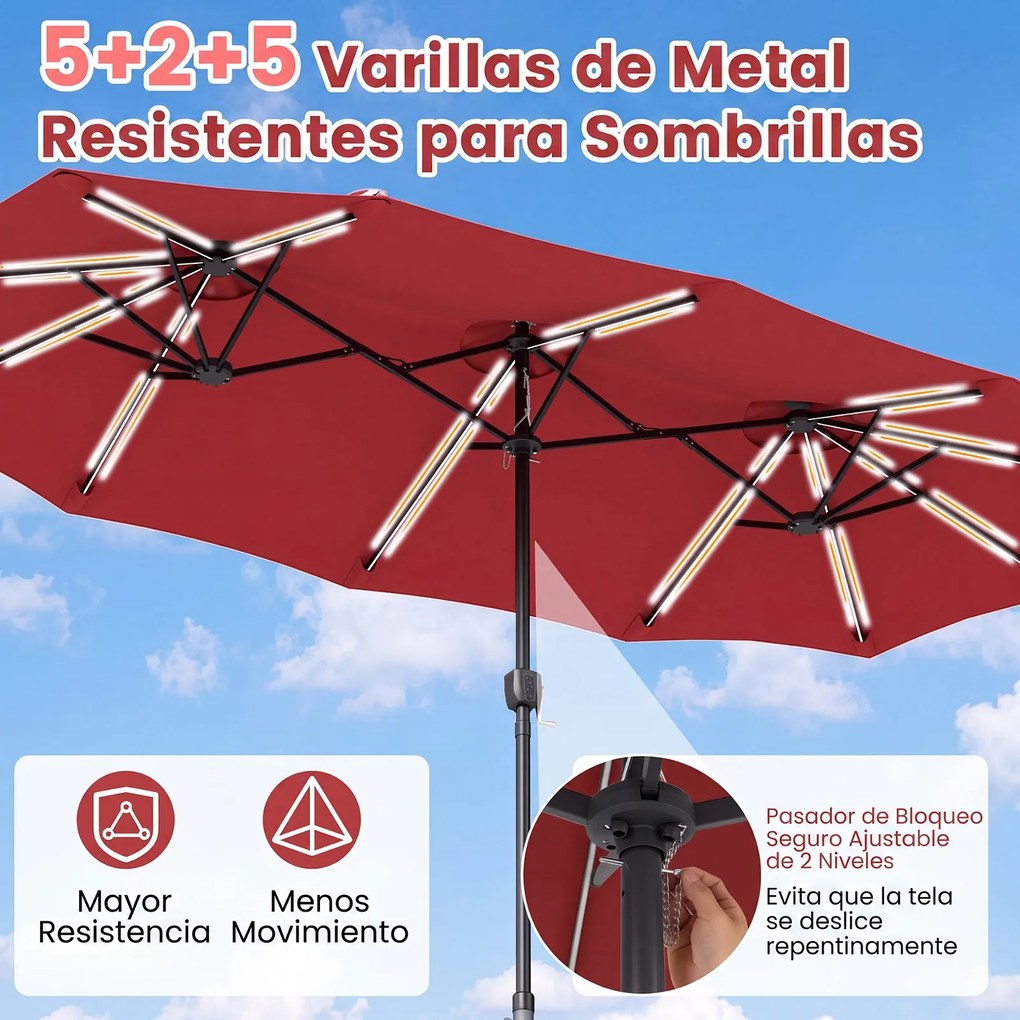 Guarda-sol Duplo Retangular de Exterior com base, 370 x 200 cm, 108 Luzes LED, Vermelho vinho