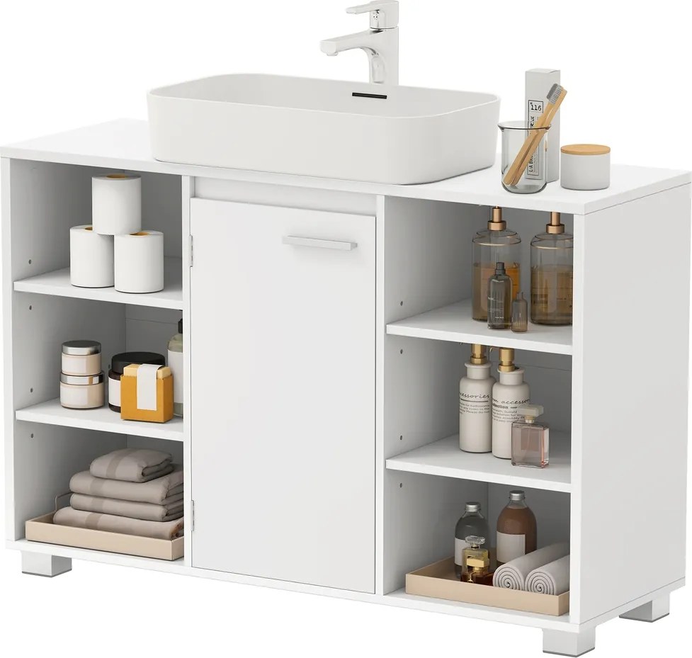 Armário de casa de banho 30 x 90 x 60 cm para lavatório (NÃO INCLUIDO), com prateleiras ajustáveis e pés Branco