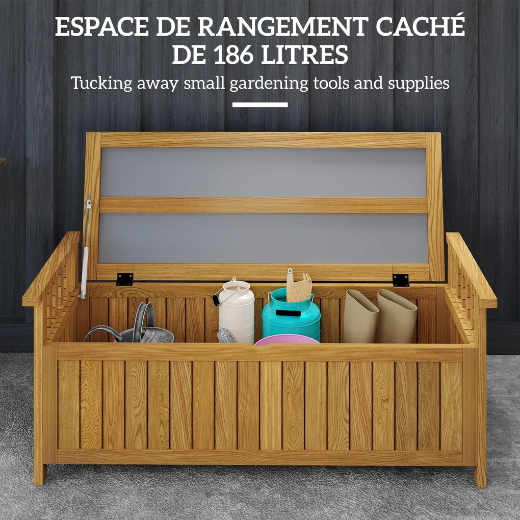 Banco de jardim de 2 lugares em madeira com espaço de arrumação de 151 L, banco de exterior com braços, 128,5 x 56 x 53,5 cm, castanho