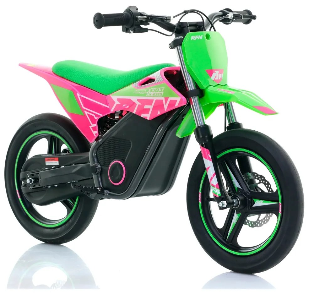 Mini moto elétrica para crianças velocidade até 30Km/h C/Limitador RFN SX-E350 WARRIOR 350W Supermotard 14/14” Verde e Rosa