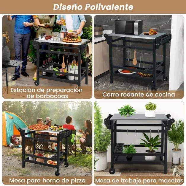 Carrinho de cozinha e de jardim com suporte para forno de pizza em PEAD com rodas Mesa para garrafas de vinho em aço inoxidável 105 x 54 x 85 cm Preto