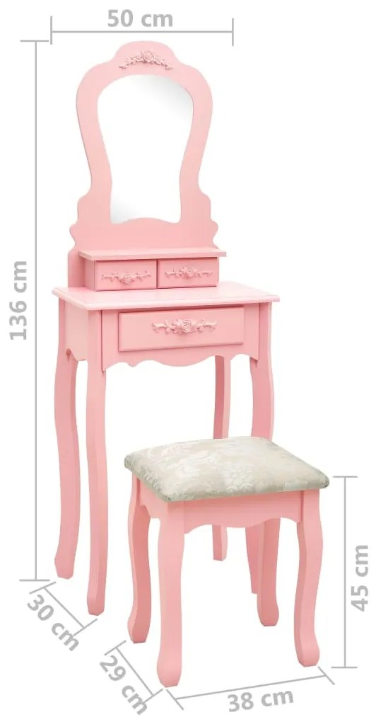 Conj. toucador com banco 50x59x136 cm madeira paulownia rosa