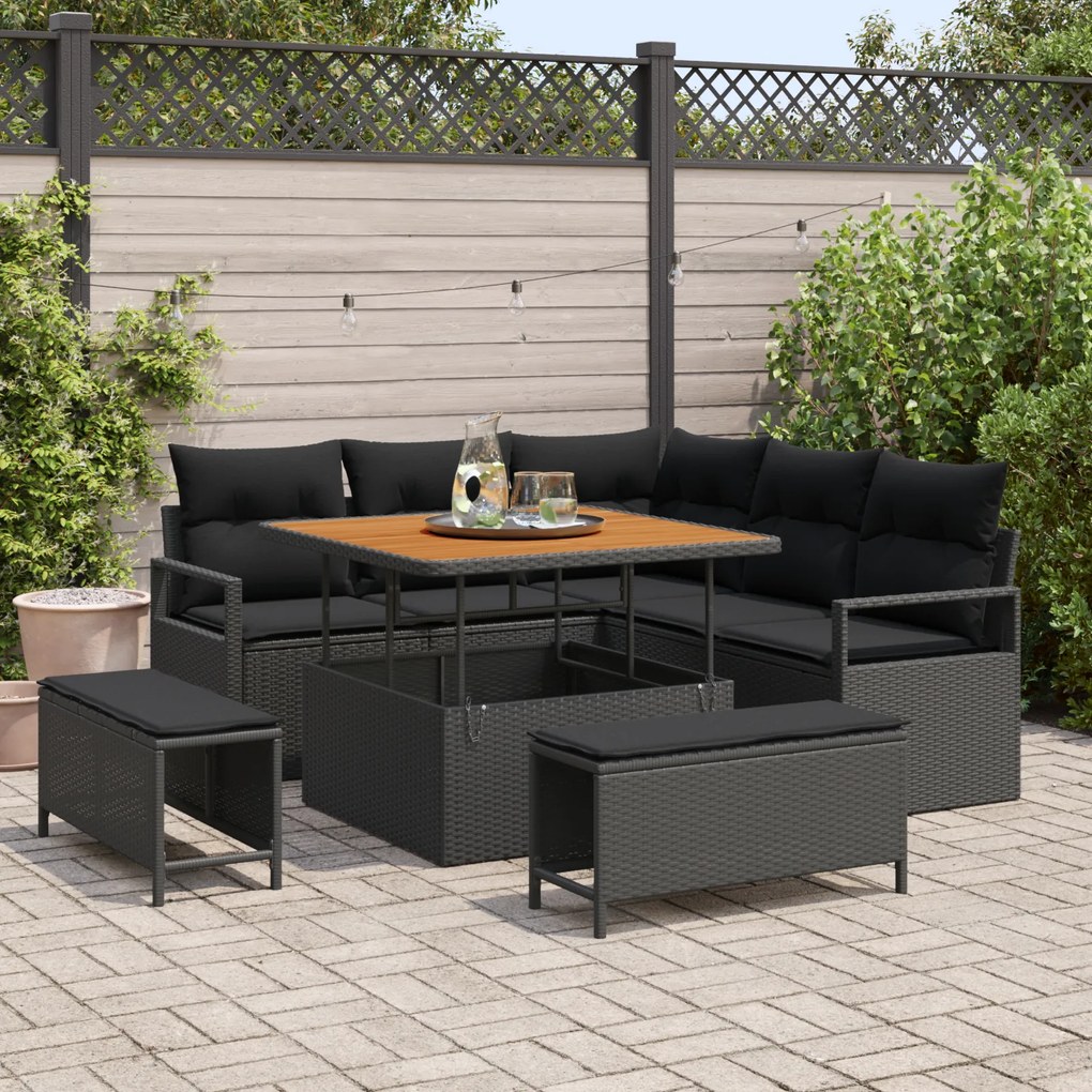 Conjunto de Sofá de Jardim vidaXL de 8 Peças com Almofadas Preto de Ra