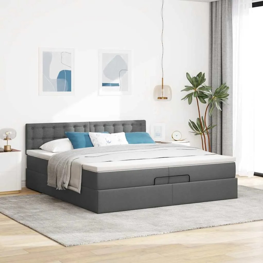 Estrutura de cama otomana com colchão 200x200cm cinzento-escuro