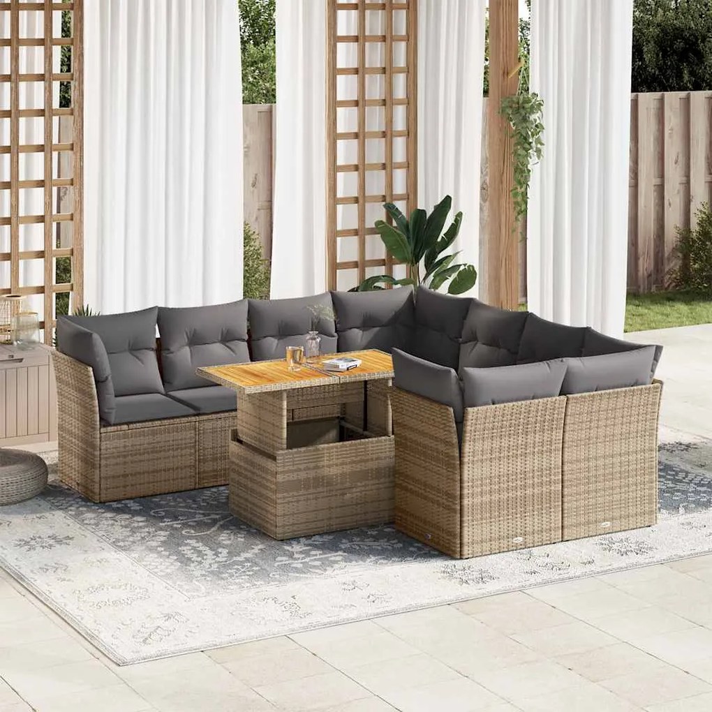 vidaXL 9 pcs conjunto de sofás p/ jardim com almofadões vime PE bege