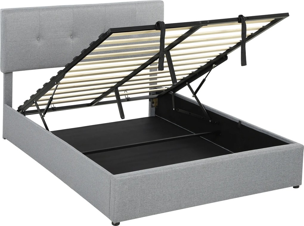 HOMCOM Cama com Compartimento 140 x 190 cm Estofada Efeito Linho, Cinza Escuro | Aosom Portugal