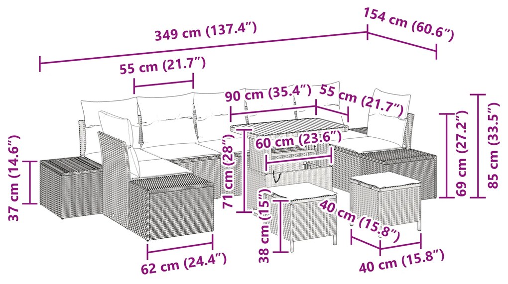 Conjunto de Sofá de Jardim vidaXL de 10 Peças com Almofadas Preto Ratt