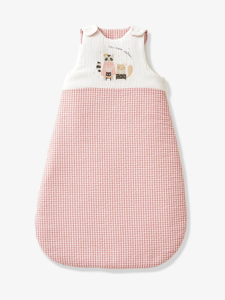Saco de bebé sem mangas, em gaze de algodão e seersucker Girly Vichy, Oeko-Tex® rosa medio liso com motivo