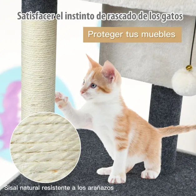 Arranhador para gatos com Pequena Torre 80 cm e bola felpuda Centro de atividades para gatinhos Branco e cinza