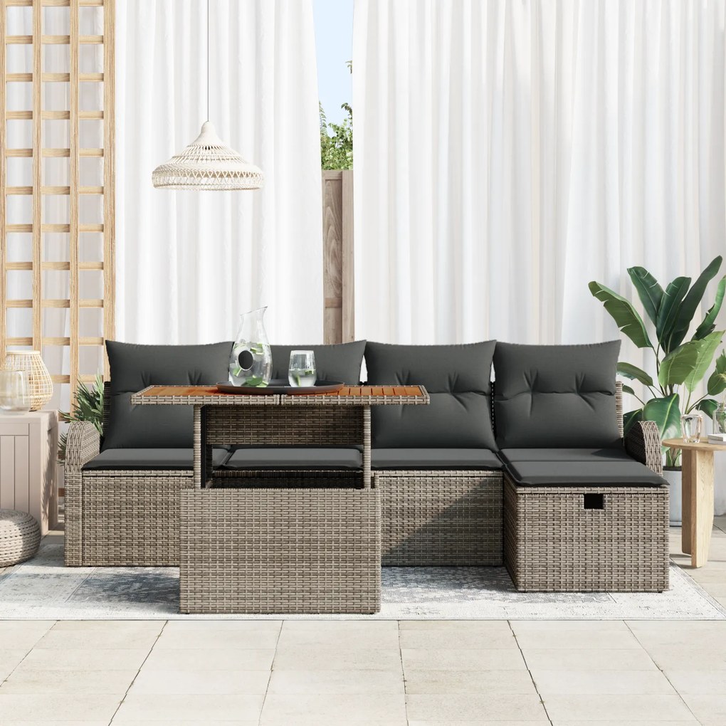 Conjunto de Sofá de Jardim 6 Peças com Almofadas Cinza Rattan Sintétic