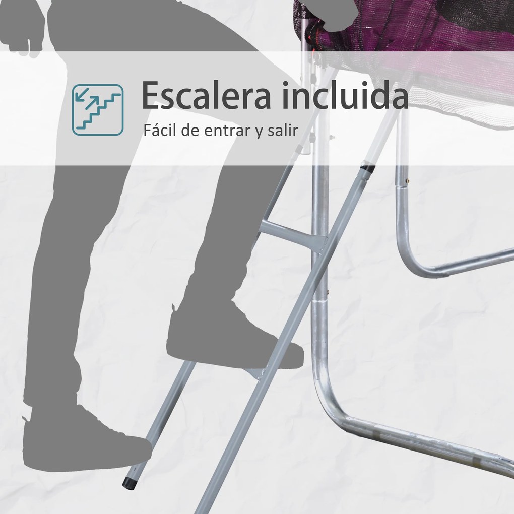 HOMCOM Trampolim de Jardim Φ244cm Trampolim para Crianças e Adultos com Rede de Segurança Cobertura nas Bordas e Escada para Exterior Rosa