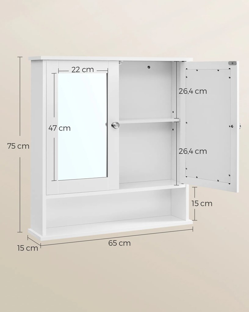 Armário casa banho parede com espelho e compartimento aberto 15 x 65 x 75 cm branco