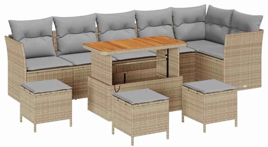Sofá de Jardim de 10 Peças com Almofadas Bege Rattan Poliéster Acácia