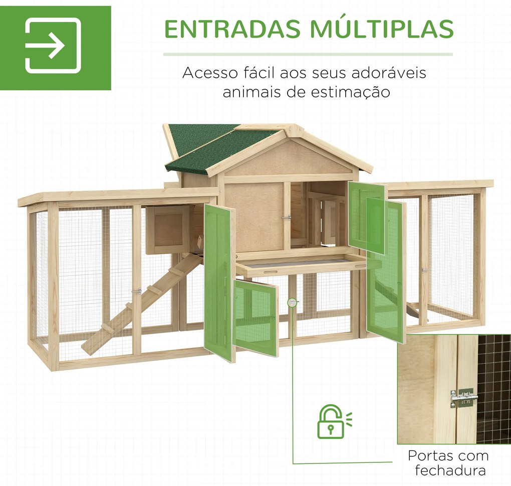 Galinheiro de Madeira 204x85x93 cm Jaula para 2-4 Galinhas com Ninho Bandeja Extraível Telhado de Asfalto e Rampa Natural