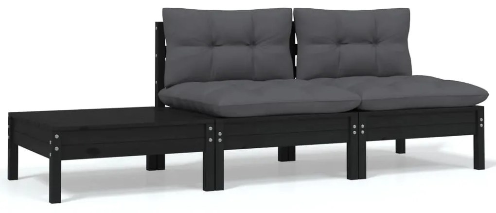 vidaXL 3 pcs conjunto lounge jardim c/ almofadões pinho maciço preto