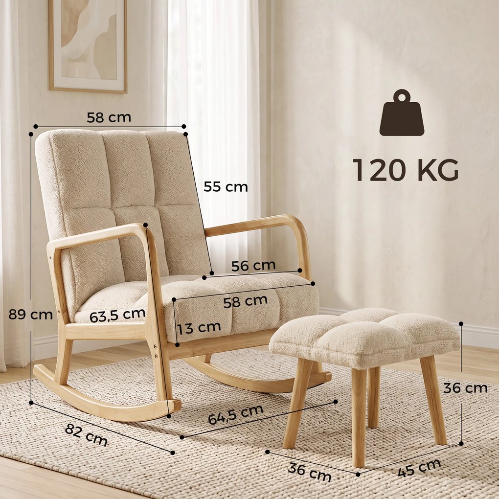 Poltrona de Baloiço com Apoio para os Pés, 82 x 64,5 x 89 cm, Assento Largo, Bege