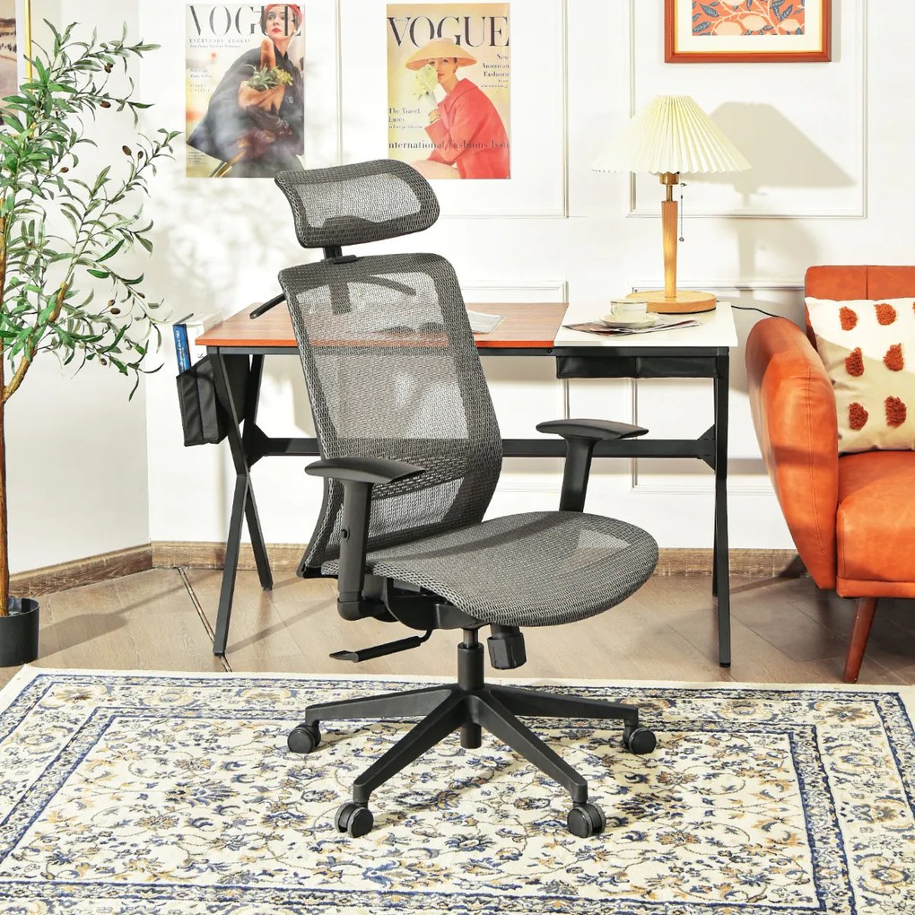 Cadeira Giratória Ergonómica de Rede de Escritório com Encosto Alto e Suporte Lombar Ajustável 68 x 68 x 114,5-124,5 cm Cinzento