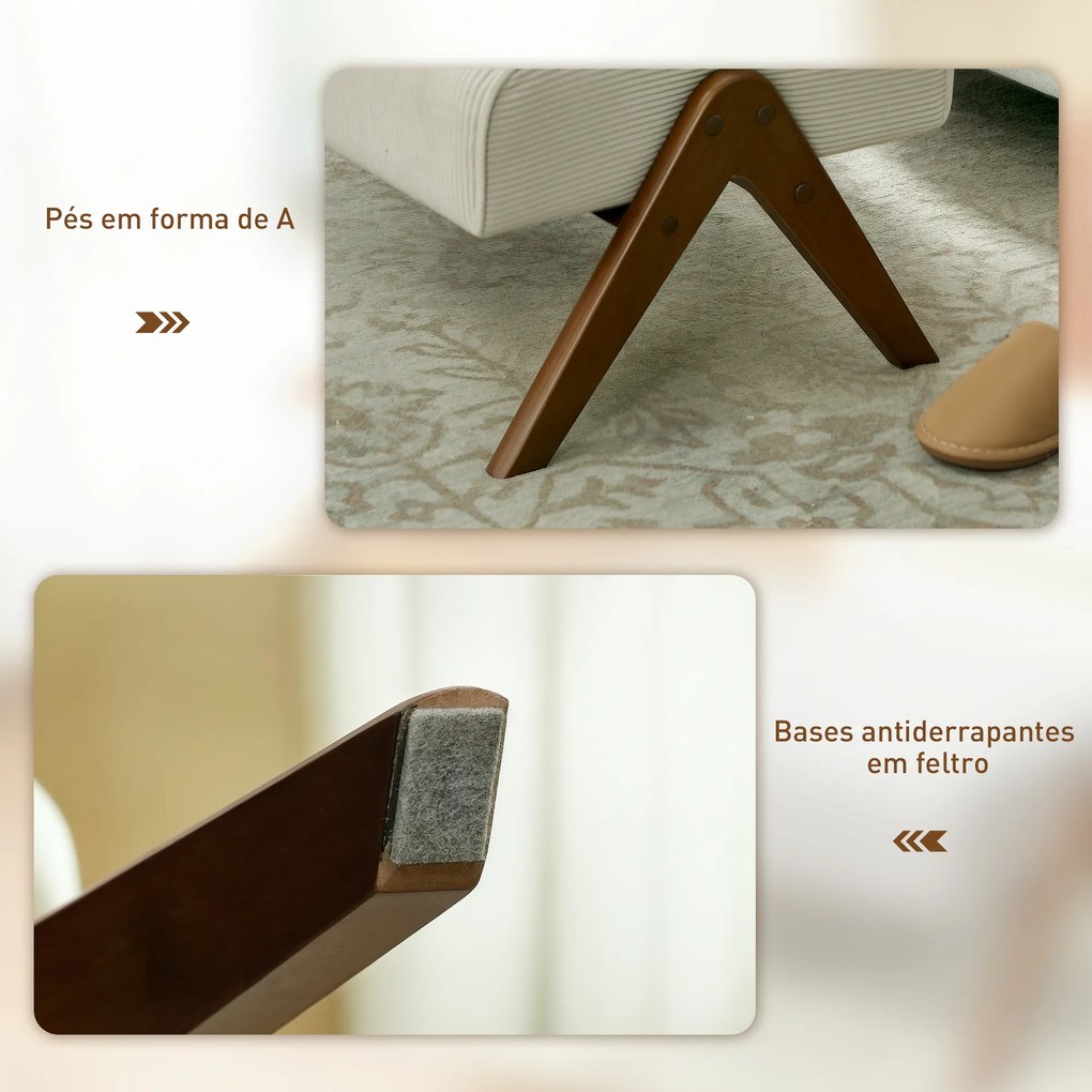 Apoio para Pés Estofado em Veludo Otomana Retangular com Assento Almofadado e Pés de Madeira 69x47x36 cm Bege