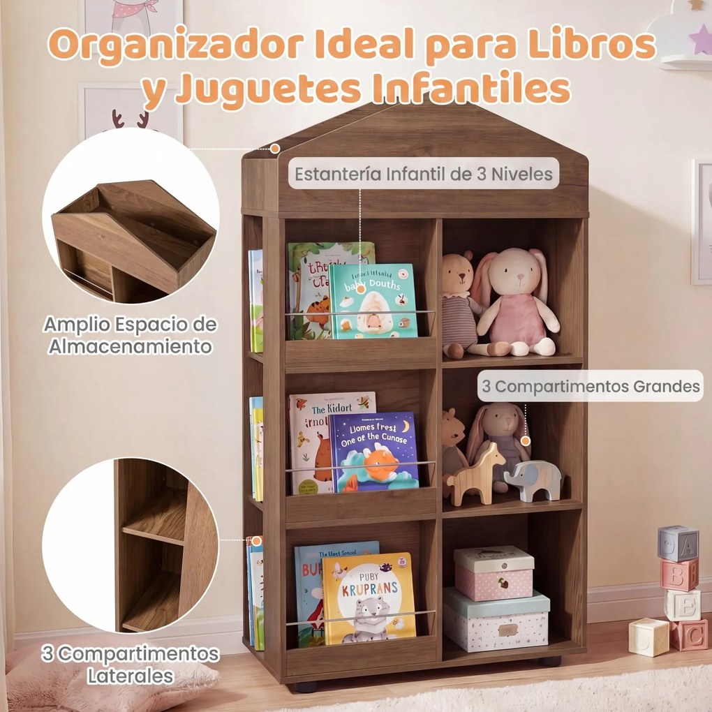 Estante infantil de madeira com 64 x 30 x 116 cm, em forma de casinha para bonecas, com compartimentos, para quarto de bebé, Castanha