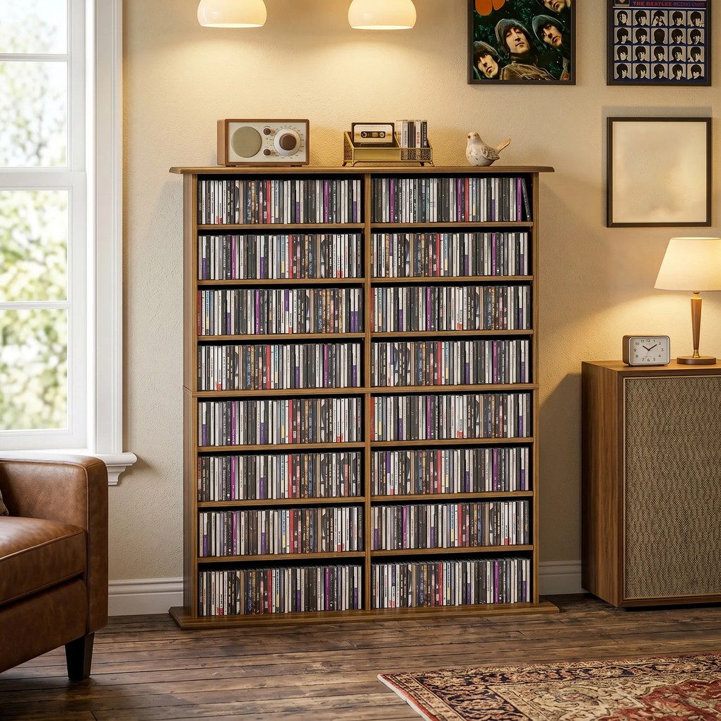 Organizador para CD e DVD 106,5 L x 24 P x 126,3 A cm com 16 compartimentos e 12 prateleiras ajustáveis, capacidade máxima de 720 CD/396 DVD e Blu-ray