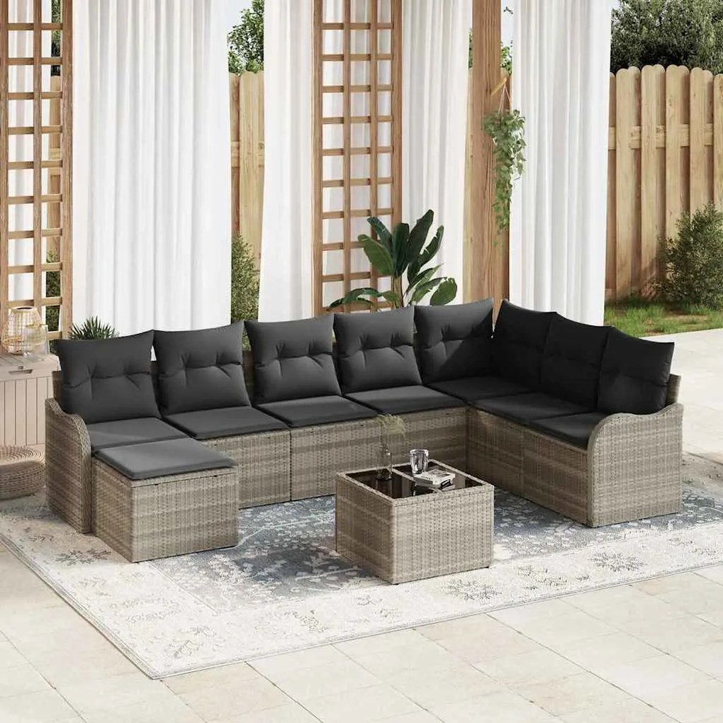 vidaXL Conjunto de Sofá de Jardim 9 Peças com Almofadas de Rattan Sintético Cinza