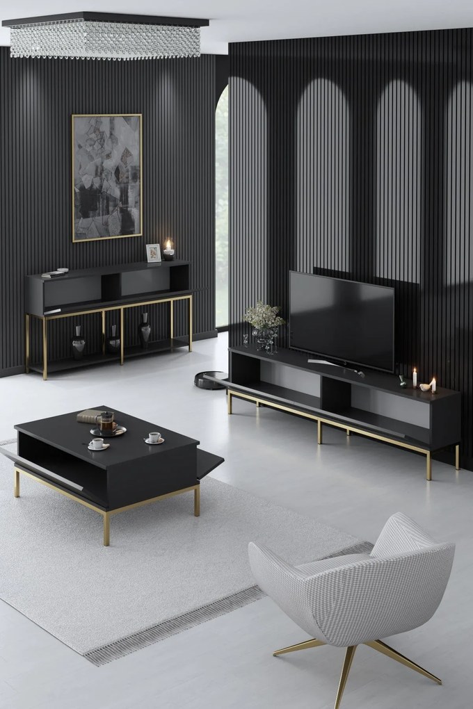 Conjunto de Mobiliário de Sala Lord – Antracite e Dourado – Tv Stand: