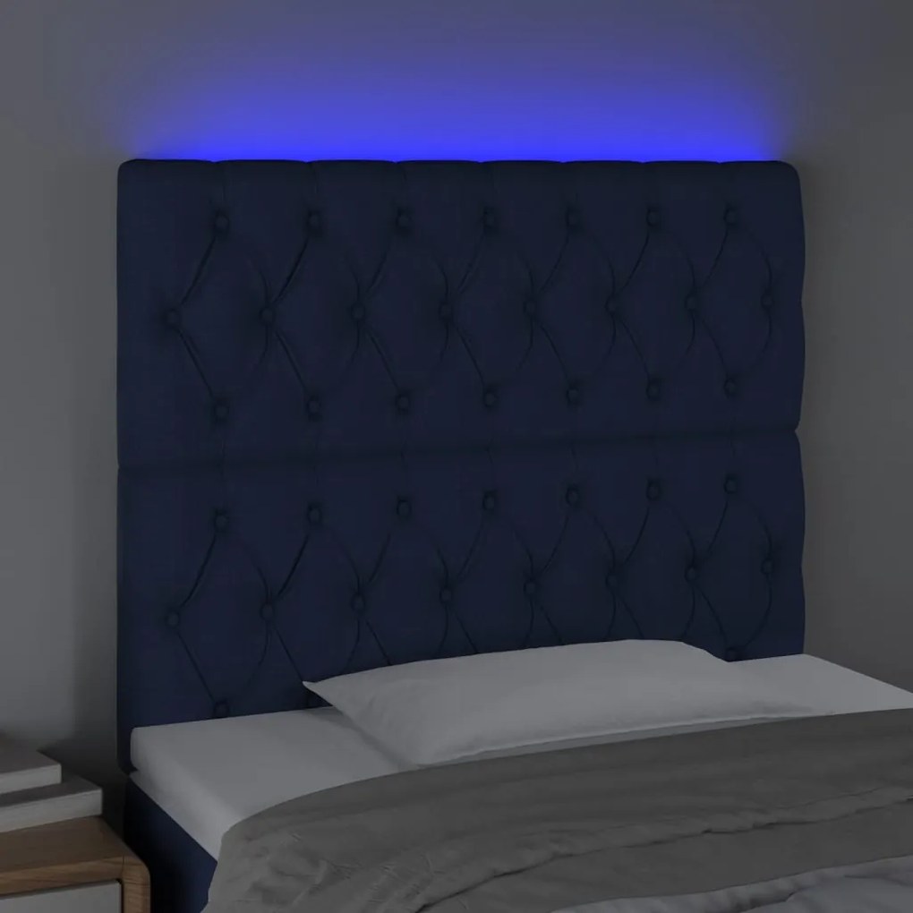 Cabeceira de cama c/ luzes LED tecido 90x7x118/128 cm azul