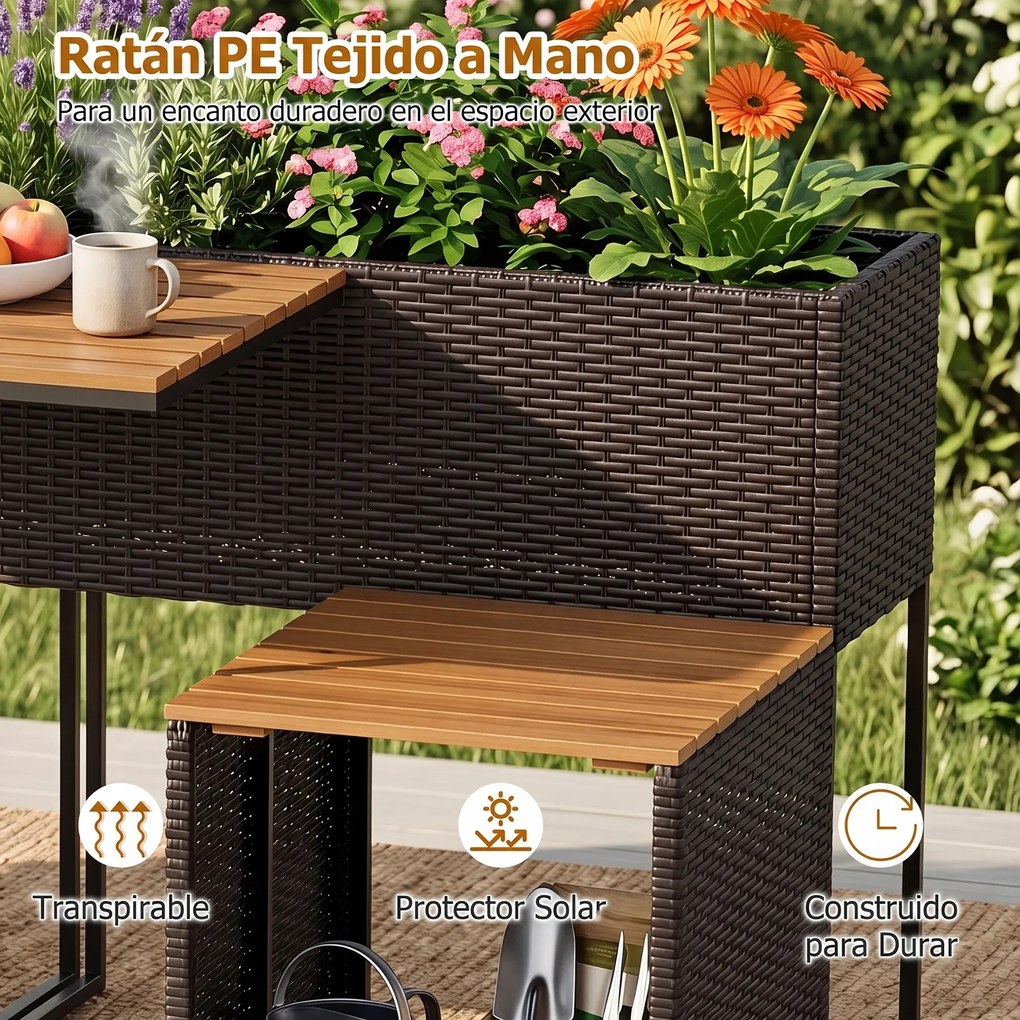 Conjunto de Canteiro Elevado, Mesa e 2 Cadeiras de Jardim, 150 x 70 x 73 cm, Arrumação Integrada, Castanho
