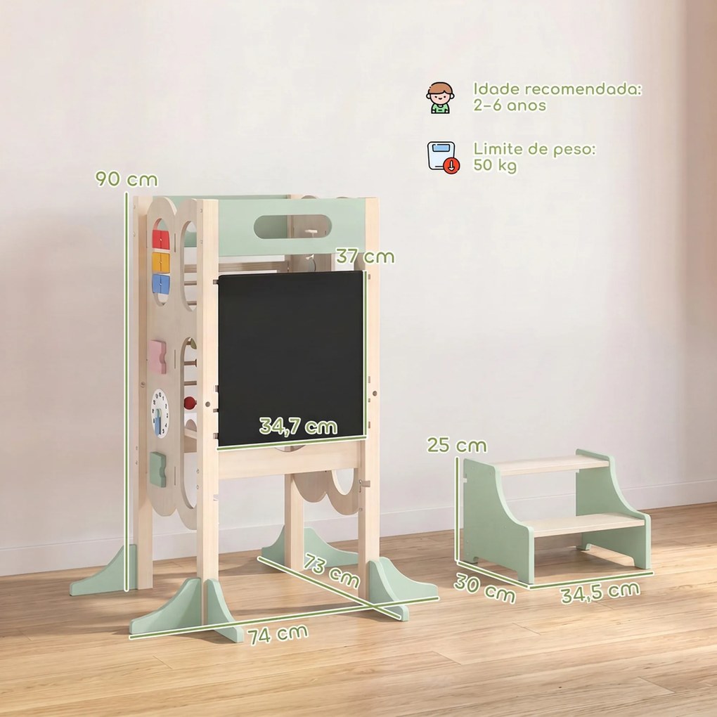 Torre de Aprendizagem Infantil Montessori 6 em 1 com Quadro Banco de Cozinha para Crianças dos 2 aos 6 Anos Verde