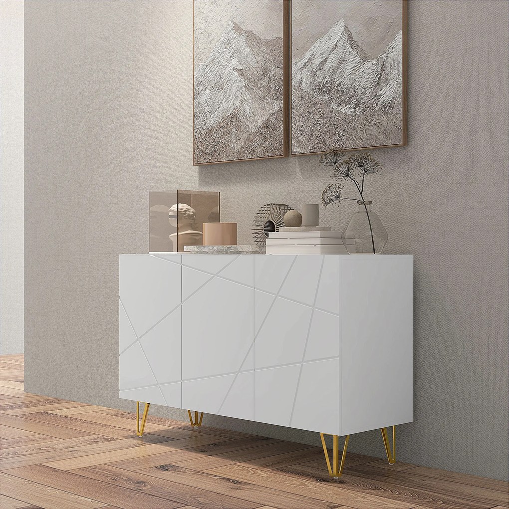 Aparador para Sala Aparador de Entrada com 3 Portas e Prateleiras Ajustáveis para Cozinha Sala 120x40x75 cm Branco Brilhante