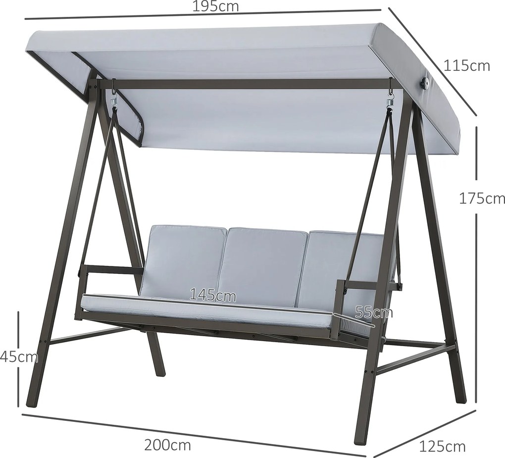 Baloiço de Jardim de 3 Lugares Baloiço de Exterior com Toldo Ajustável