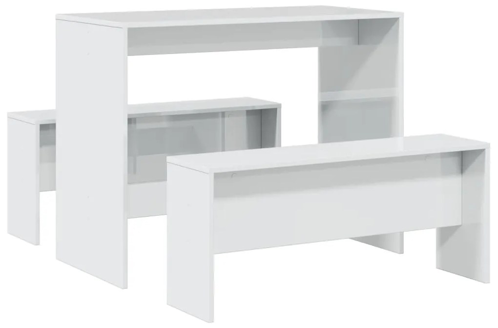 3 pcs conj. mesa jantar e banco deriv. madeira branco brilhante