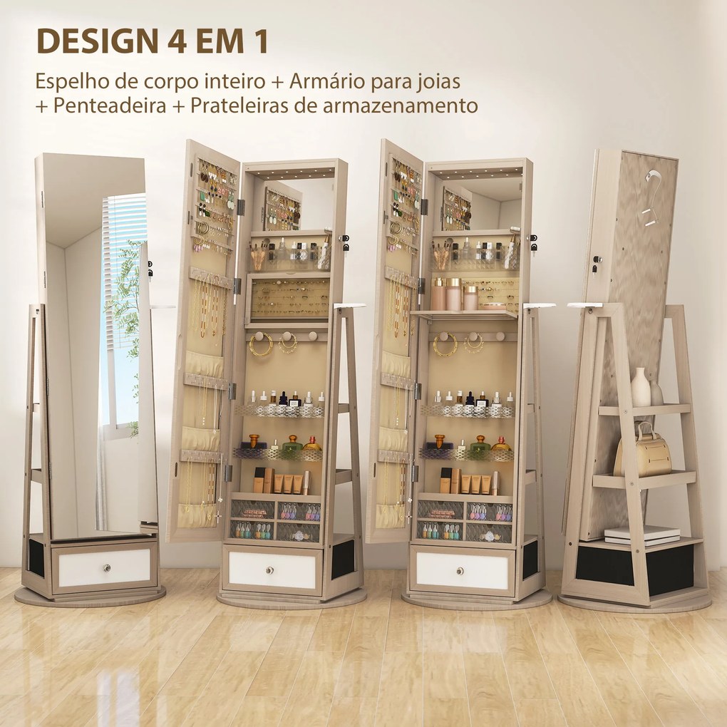 Espelho de Pé Giratório 360° com Espelho com Interior Iluminado Organizador de Jóias com Prateleiras e Gavetas 56x56x164 cm Madeira