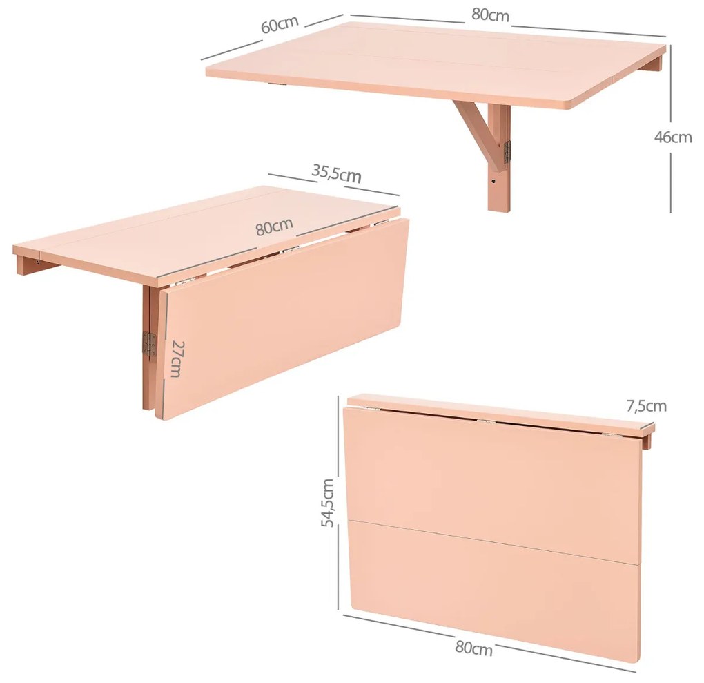 Mesa dobrável de parede flutuante para computador para pequenos espaços para estudo de quarto de cozinha 80 x 60 x 45 cm rosa