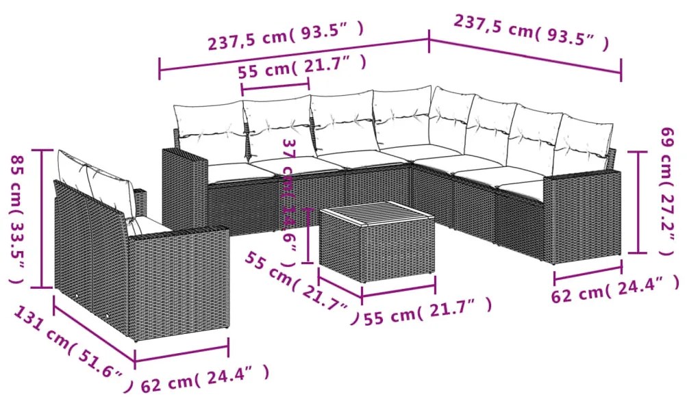 10 pcs conjunto de sofás p/ jardim com almofadões vime PE bege