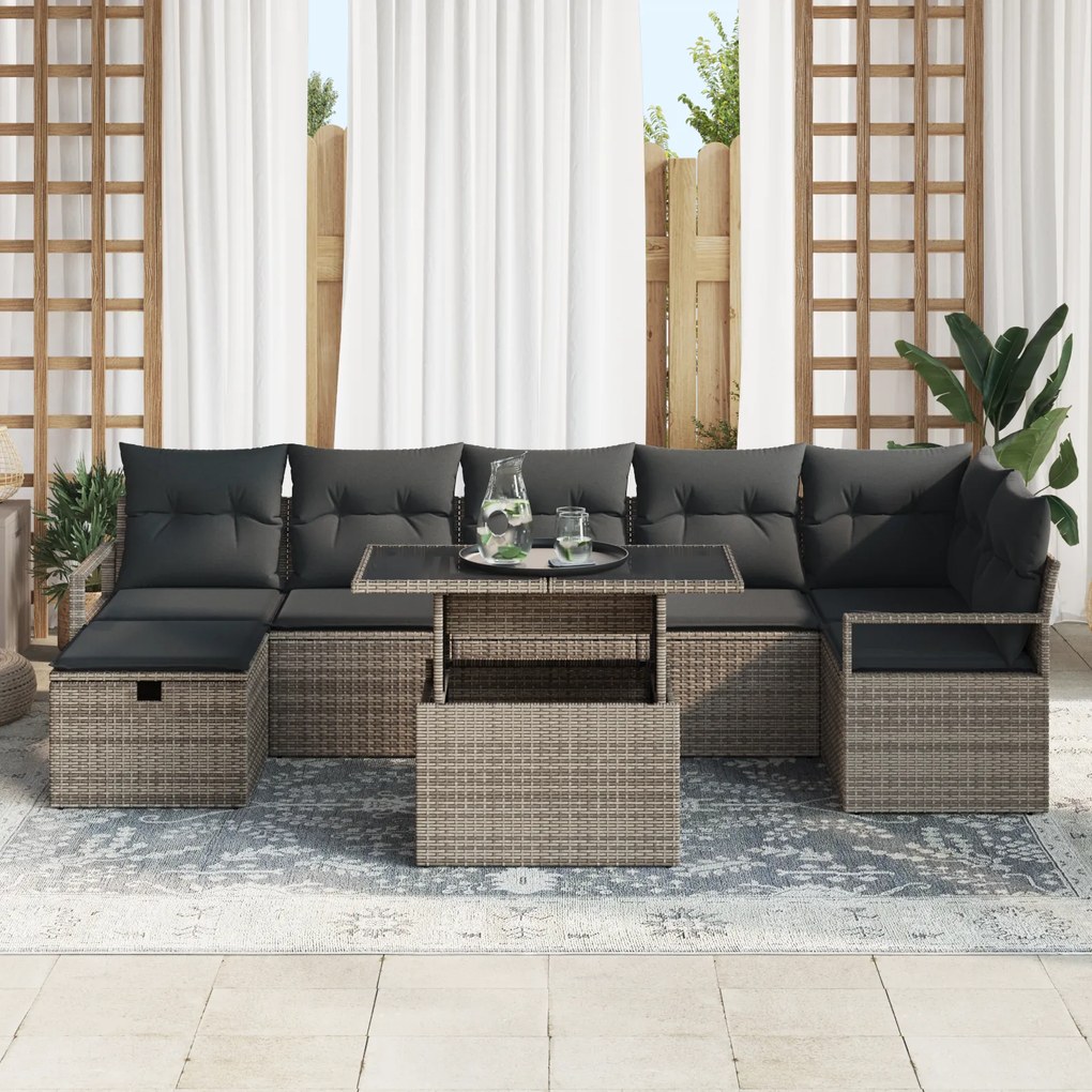 Conjunto de Sofás de Jardim vidaXL com Almofadas Cinza Rattan PE, Sofá