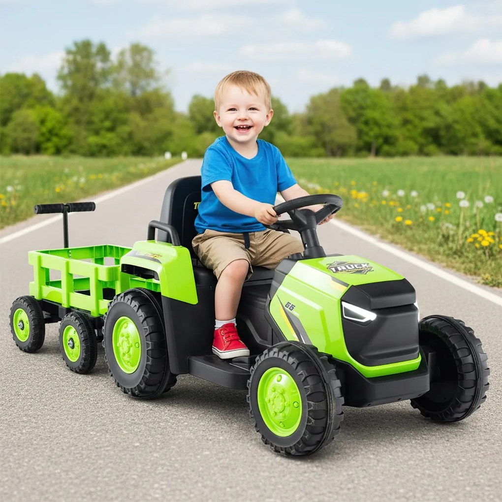 Trator Elétrico para crianças de 12V com Reboque Desmontável Comando à Distância Faróis LED Buzina Música Arranque Verde