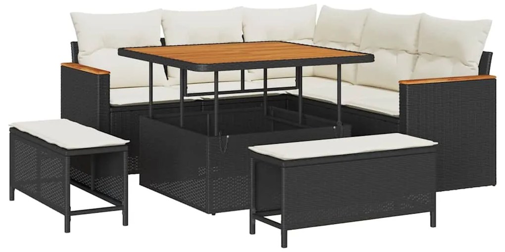 Conjunto de Sofá de Jardim de 8 Peças com Almofadas Preto Rattan Polié
