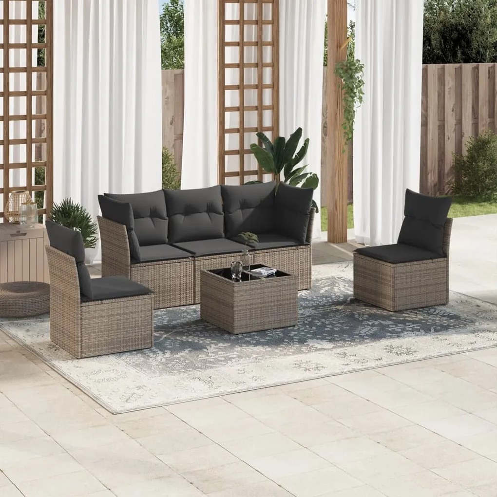 6 pcs conjunto sofás de jardim com almofadões vime cinzento