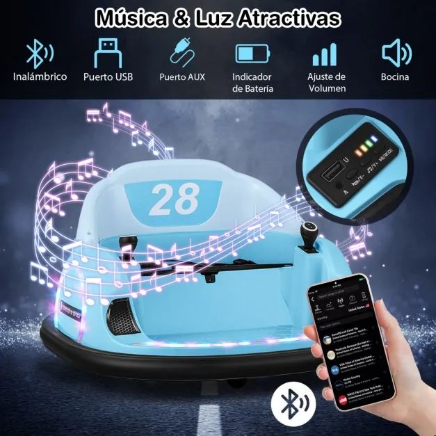 Carrinho de choques elétrico 12V para crianças com controle remoto, luz LED, buzina e música, rotação de 360° com cinto de segurança azul